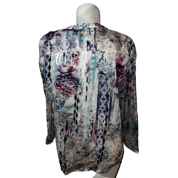 Chicos Top Size L (2) Colorful Button Cotton Office Light Weight Sheer LS Shirt - Picture 5 of 6